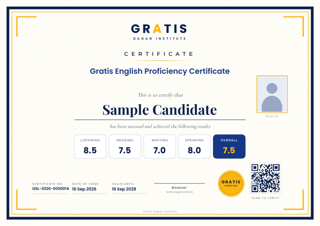 Sample Gratis certificate with scores, certificate number and QR code